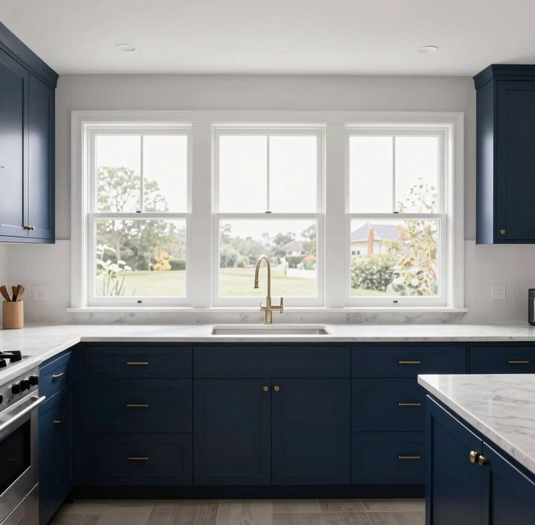 Bright, natural daylight flooding through newly renovated windows in a clean modern kitchen with navy blue lower cabinets and white quartz countertops, showing straight-on detail of craftsmanship.