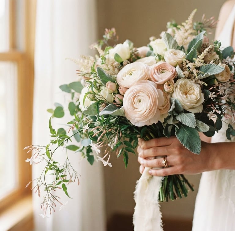 A close-up shot of an asymmetrical bridal bouquet with delicate blush ranunculus, trailing jasmine vines, and textured sage foliage, held gently in soft morning window light, 35mm photography