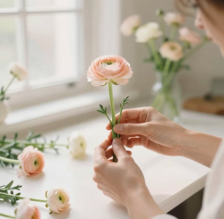 Bespoke florist hands gently trimming delicate peach ranunculus stems in a bright, sun-drenched home studio, soft morning light, 35mm photography