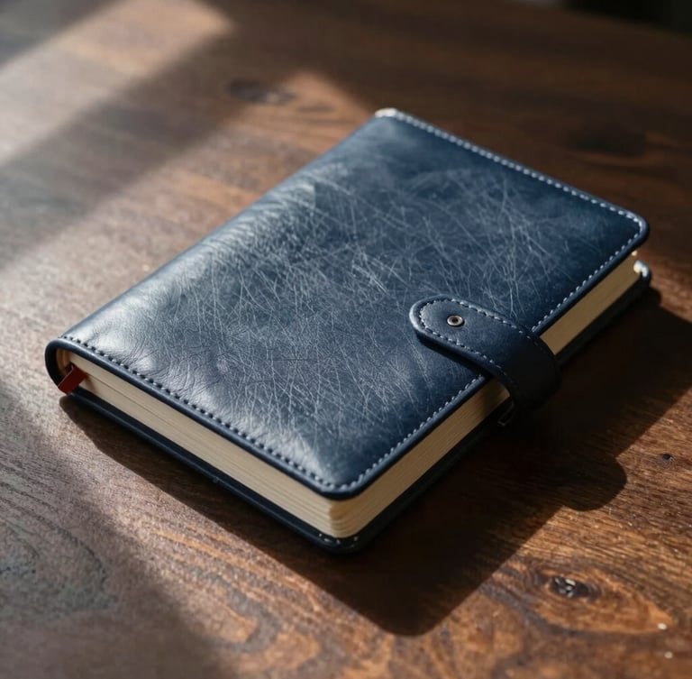 Close-up of a physical leather ledger book resting on a dark wood table, hard side daylight casting long shadows, desaturated tones