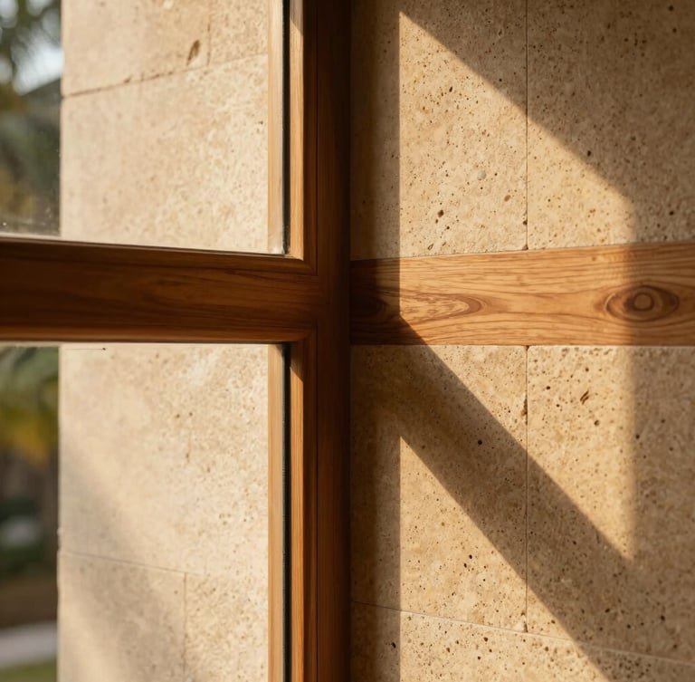 Close-up of raw teak wood joinery and textured laterite stone blocks, warm afternoon sun casting sharp shadows, architectural detail shot.