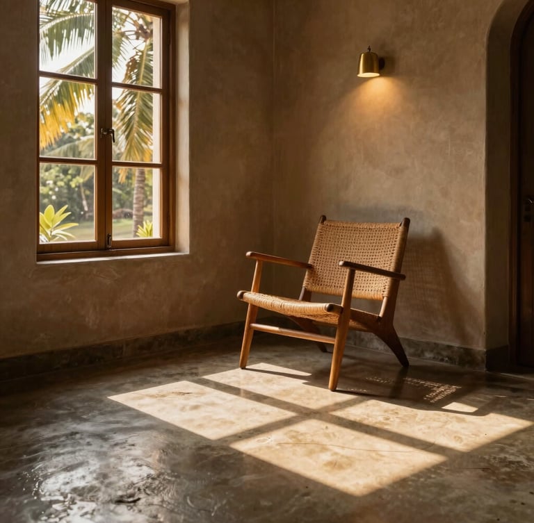 Vignette of a finished interior corner in Goa, polished cement floor, custom brass light fixture, hand-woven cane chair, dramatic shadow play.