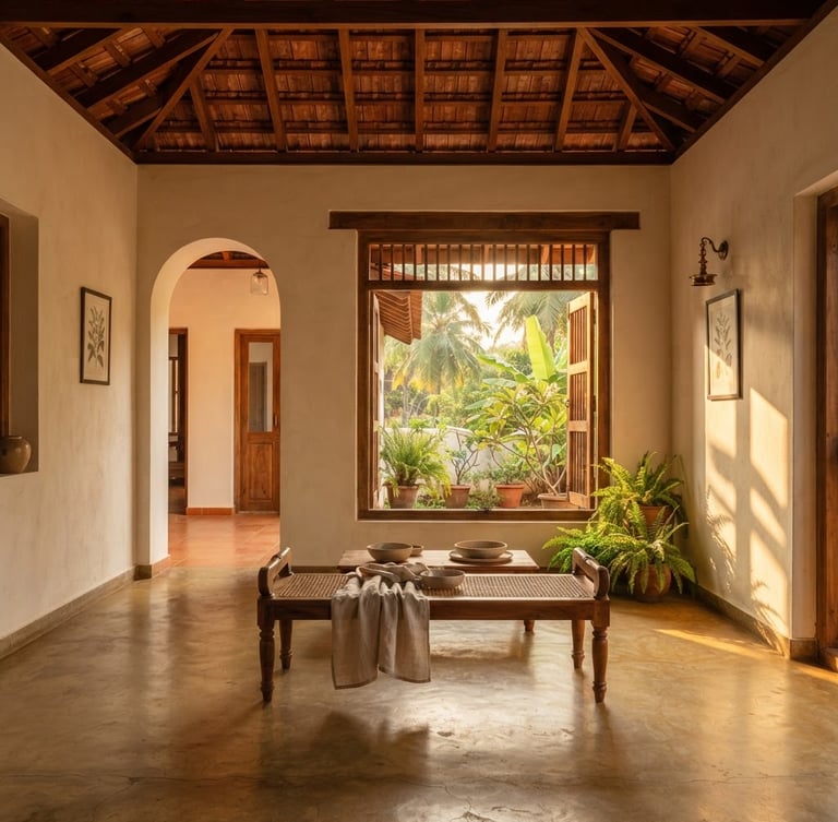 Architectural straight-on view of a Goan interior, raw teak wood beams, polished cement floor, golden-hour window light casting deep shadows, warm tropical minimalism.