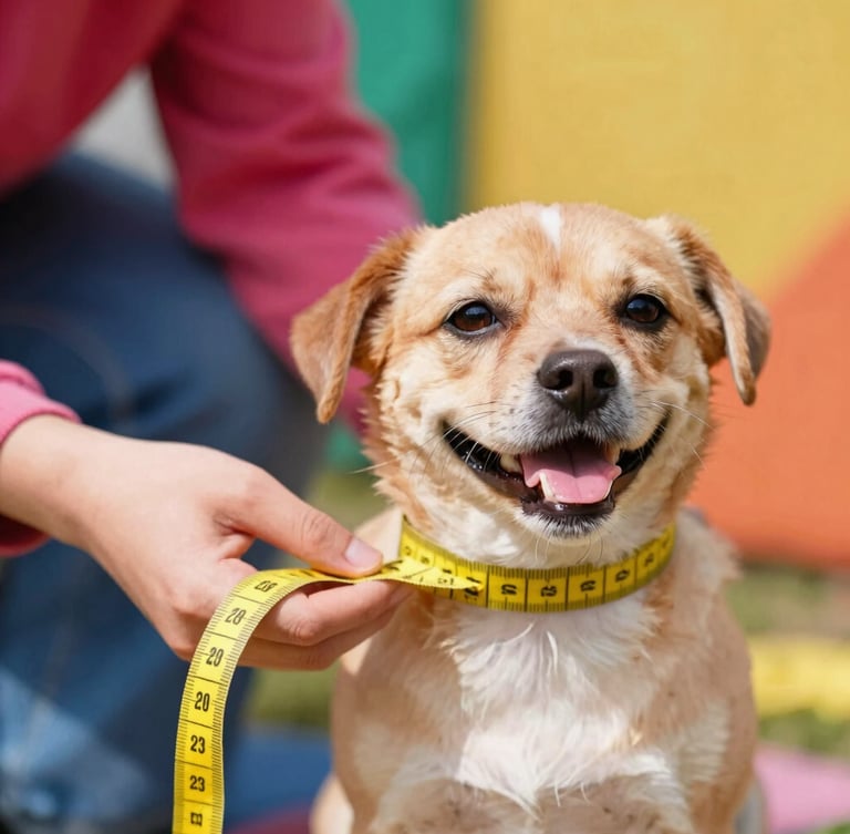 Close-up of hands measuring a happy small dog with a soft yellow tape measure, bright natural daylight, colorful fabrics in the background