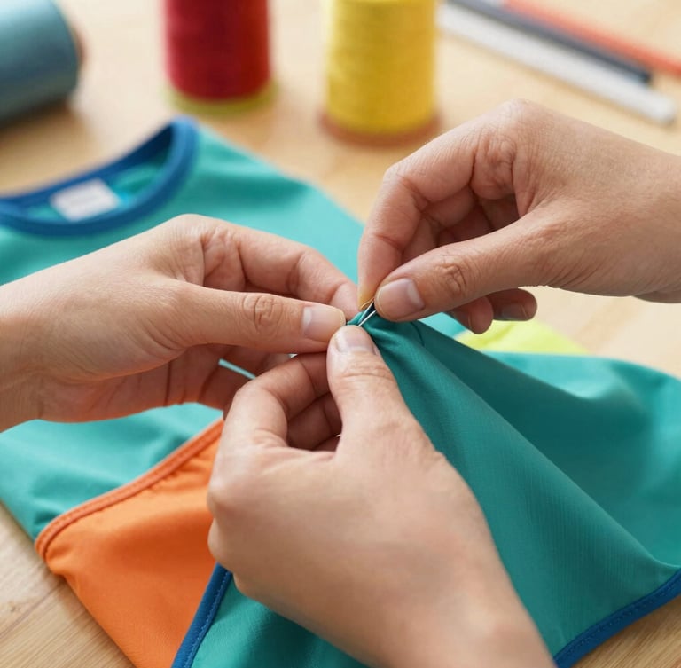 Close-up of hands carefully stitching a colorful teal fabric for a pet garment in a bright, warm workshop, soft daylight, detailed textures, 35mm