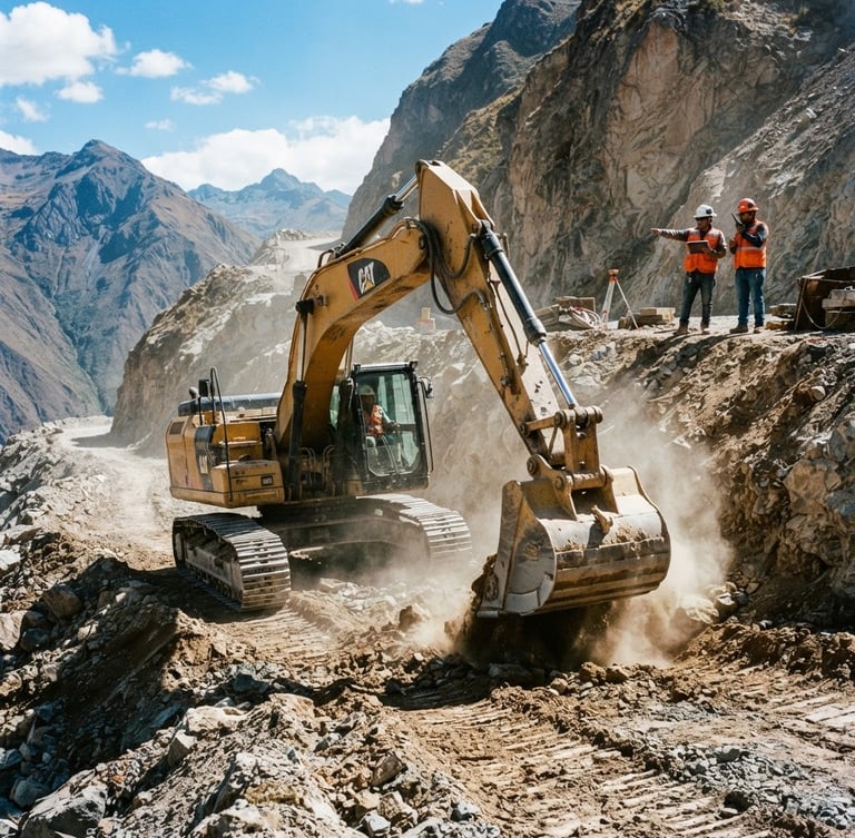 Low-angle heroic shot of a heavy excavator operating on a rugged Peruvian Andean highway construction site, harsh daylight highlighting dust and concrete textures, engineers in high-vis vests and hard hats supervising in the background, 35mm industrial documentary style.