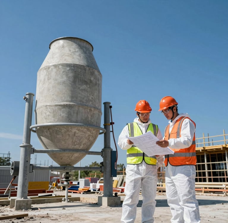 An engineer in full PPE, orange hard hat, high-vis vest, and protective glasses, reviewing blueprints on a clipboard next to a large concrete mixer on an active construction site, hard natural daylight, industrial documentary style.
