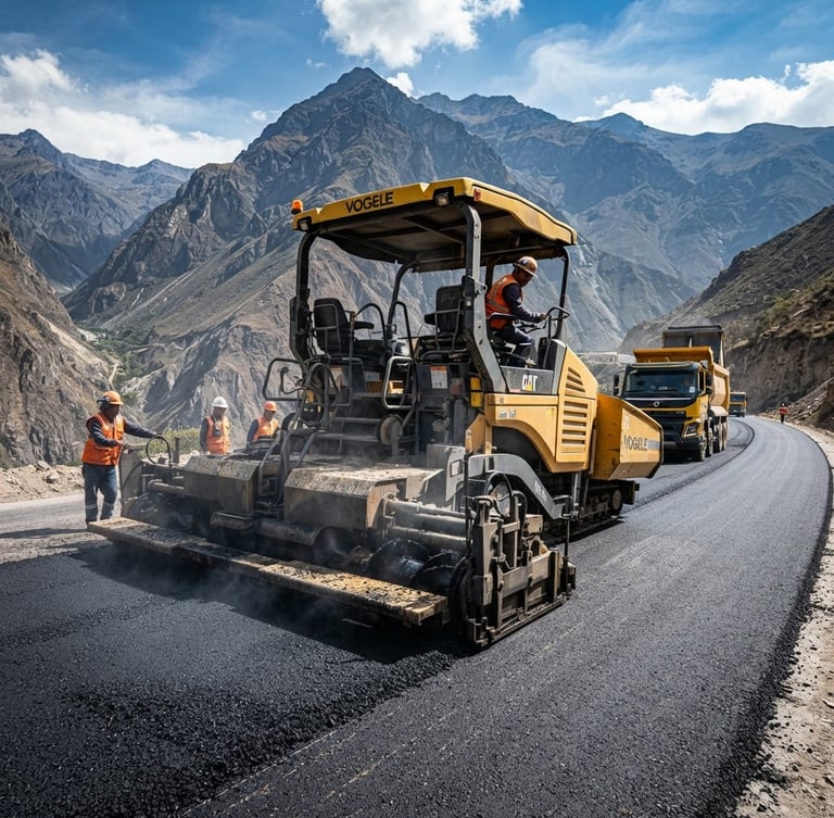 Low-angle heroic shot of a heavy-duty yellow asphalt paver laying fresh black asphalt on a wide Peruvian highway, rugged Andean mountains in the background, hard natural daylight, high contrast, industrial documentary style.