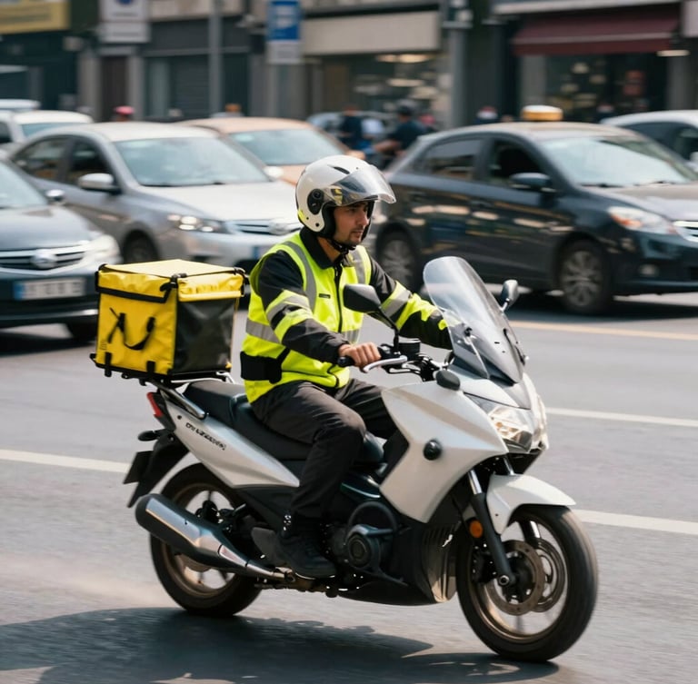 Dynamic low-angle shot of a motorcycle courier navigating through Istanbul traffic, motion-blurred cars, sharp focus on the rider in high-visibility gear, daylight.
