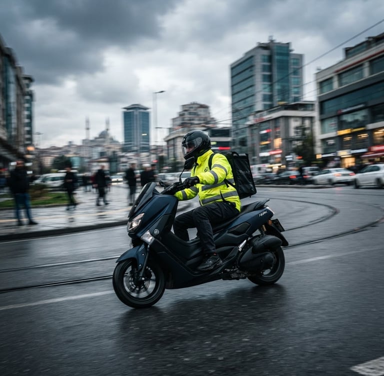 Low-angle dynamic shot of a motorized courier in high-visibility yellow gear riding through Kağıthane streets, motion-blurred background of modern office buildings, sharp focus on the motorcycle, dramatic overcast daylight, 35mm lens.