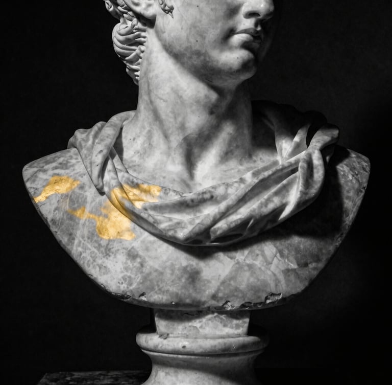 Dramatic chiaroscuro B&W photo of a classical marble bust, sliced horizontally with subtle gold shifting light, deep black background, 35mm film grain