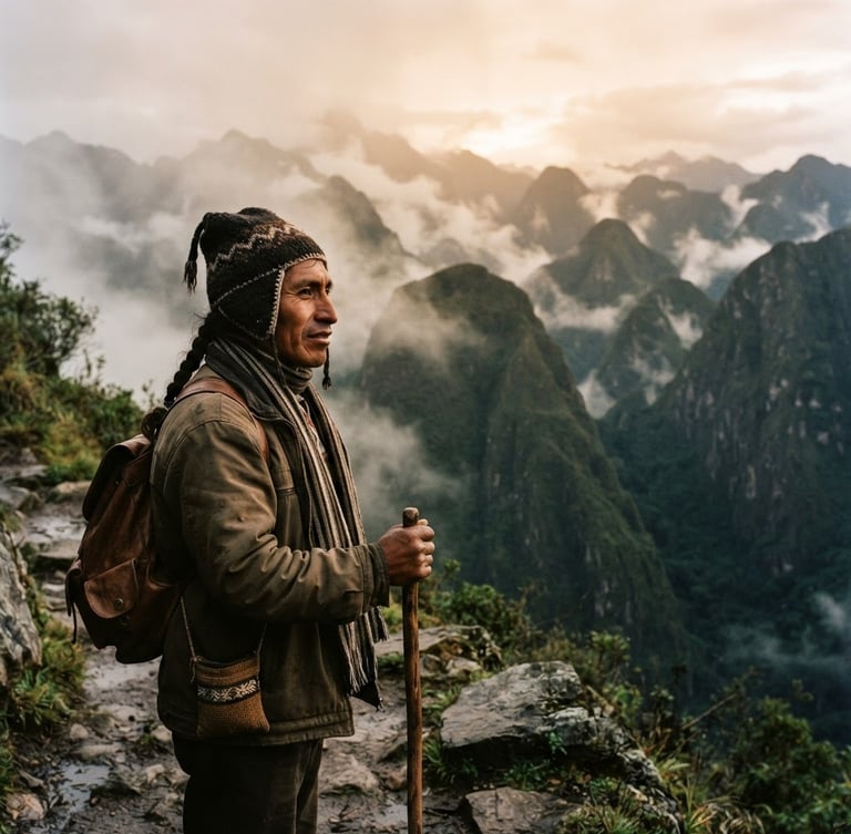 Unposed portrait of a local Andean guide, Alex, looking out over mist-shrouded green peaks, warm natural morning light, 35mm film.