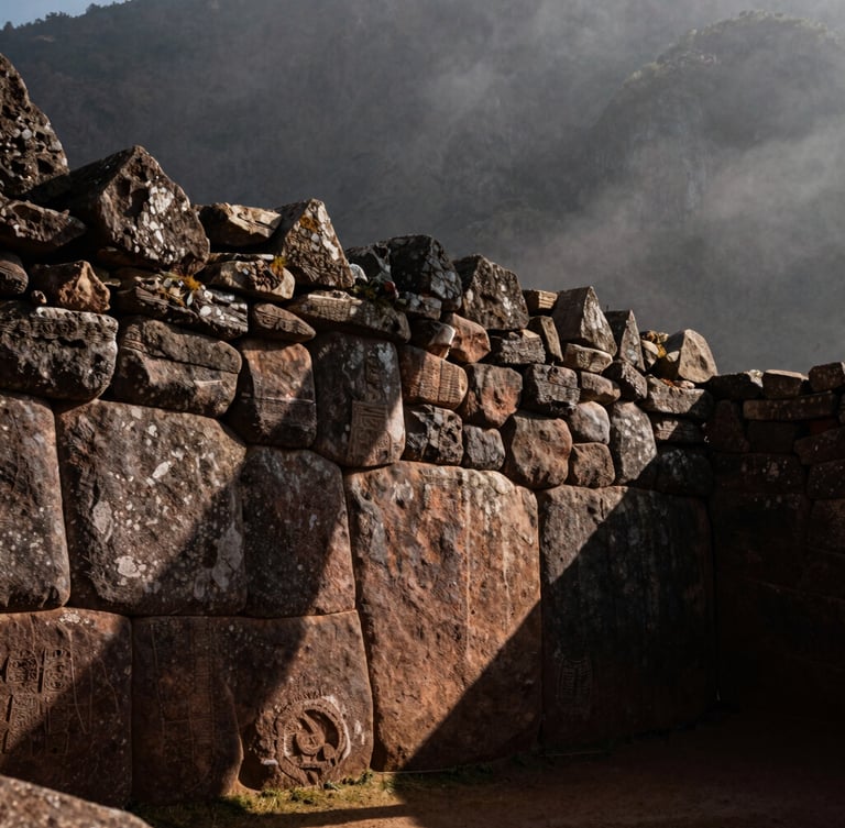 Close-up of ancient Inca stone masonry at Ollantaytambo, soft morning mist, deep shadows, earthy tones, moody documentary style.