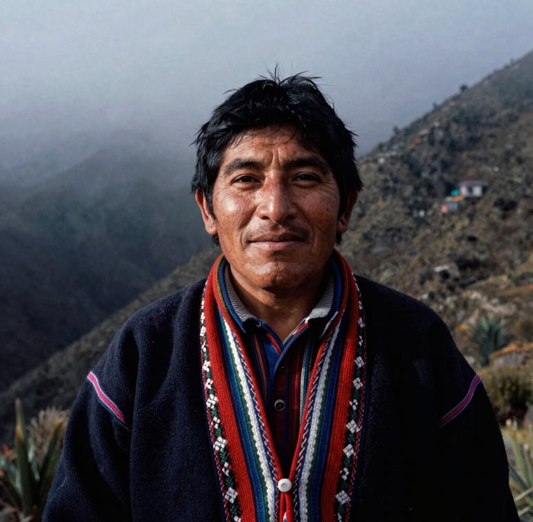 Portrait of a local Andean guide, Alex, with a warm welcoming expression, wearing traditional woven textile details, soft morning mist, natural light, 35mm film
