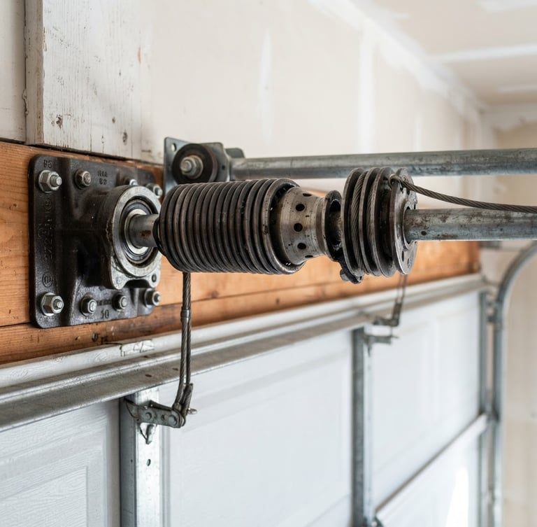 Close-up of heavy-duty steel torsion springs on a garage door, bright natural daylight, sharp industrial photography, high-contrast clean tones, 50mm lens