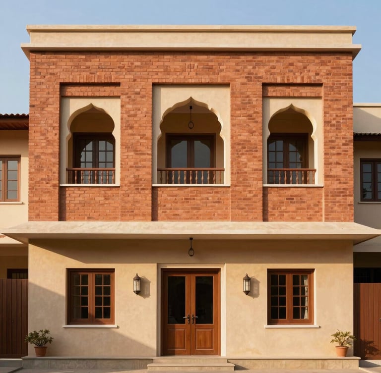 Straight-on architectural elevation of a modern Jaipur villa facade, terracotta brick detailing, clean sand-colored plaster, bright afternoon sun, 35mm lens