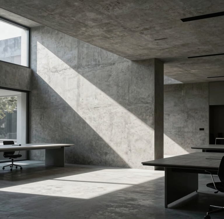 Stark architectural shot of a modern concrete workspace with sharp shadows, high-contrast flash lighting, empty of people, raw production aesthetic.