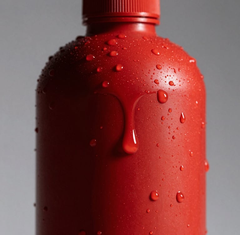 Extreme close-up flash photography of a hyper-saturated red product bottle dripping with water droplets, harsh shadows, stark studio background.