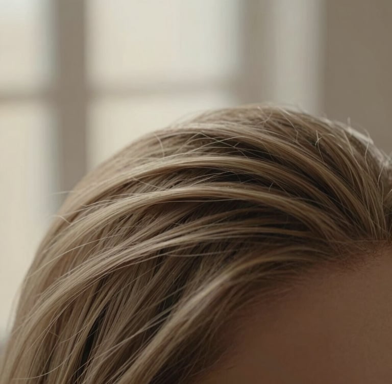 Macro shot of perfectly styled hair texture, soft warm window light, shallow depth of field, 35mm lens, neutral tones