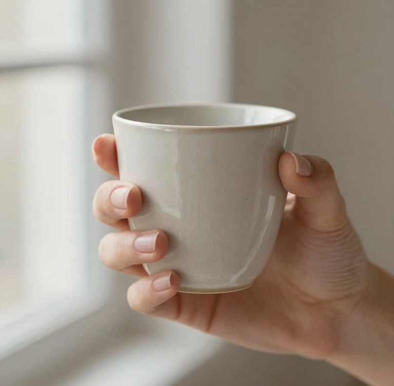 Close up of a clean minimalist manicure holding a textured ceramic cup, soft daylight, warm neutral tones, shallow depth of field