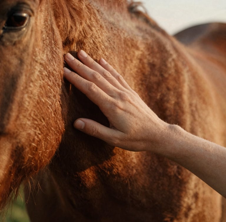 Close-up detail of a human hand gently resting on a horse's neck, warm golden-hour light, shallow depth of field, 35mm film feel, focus on the texture of the horse's coat