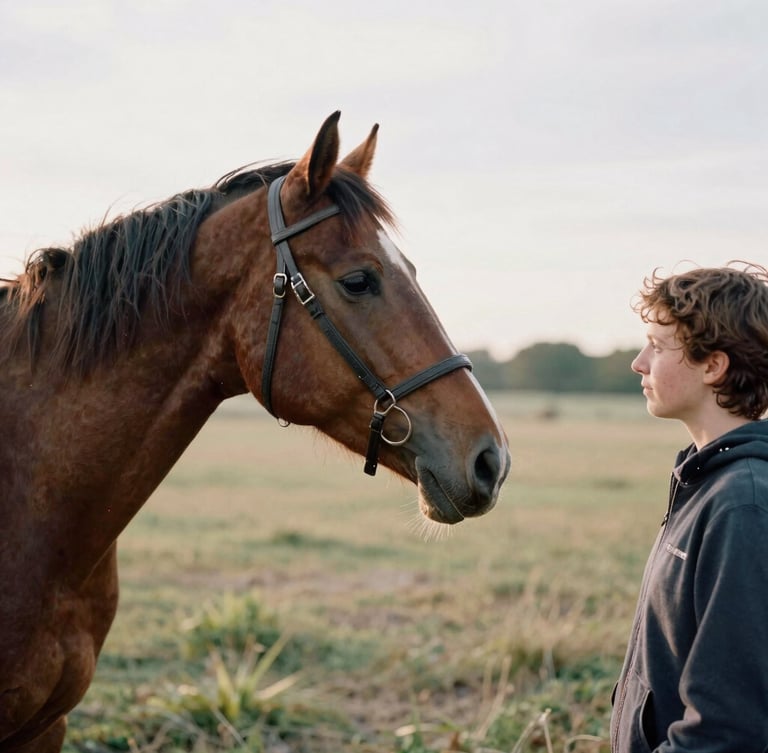 A quiet moment of eye contact between a participant and a horse at eye level, soft overcast daylight in a Dixon pasture, 35mm film feel, candid natural interaction.