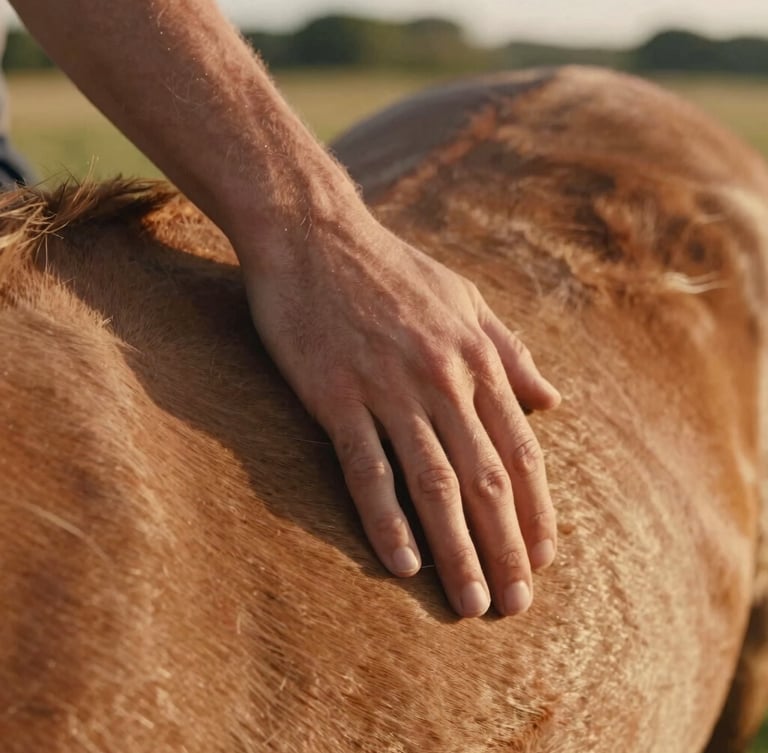 Close-up detail of a human hand resting gently on a horse's warm neck, golden-hour pasture light in Dixon, shallow depth of field, 35mm film feel.