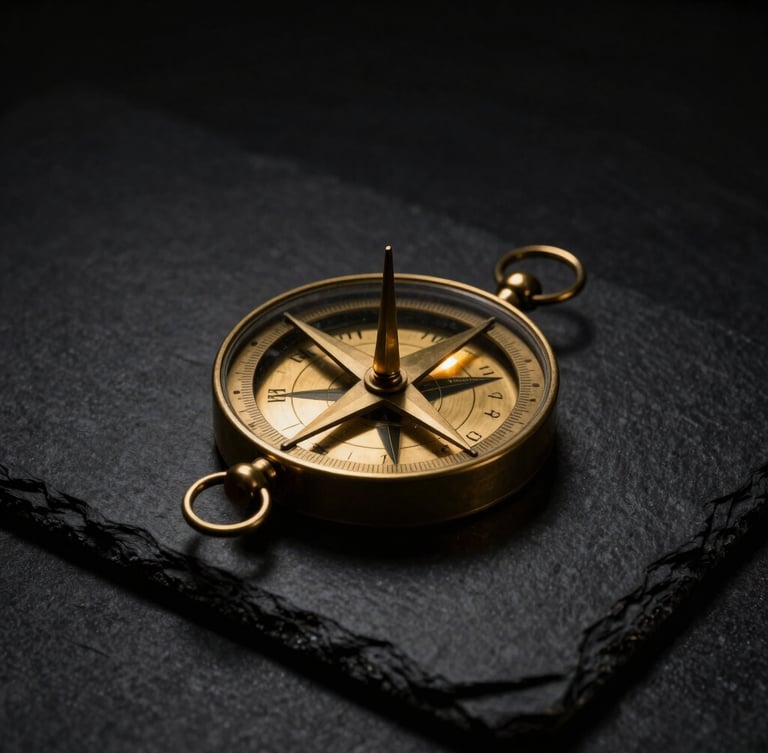 An ancient brass astrolabe resting on a dark slate surface, sharp golden light refracting through dark glass, low-key dramatic photography