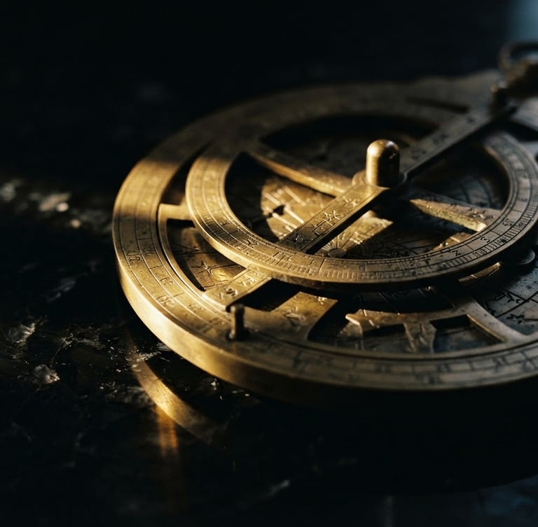 Low-key dramatic macro shot of a vintage brass astronomical astrolabe on a dark obsidian stone table, single-source golden light refraction cutting through deep shadows, high-contrast luxury editorial, 35mm