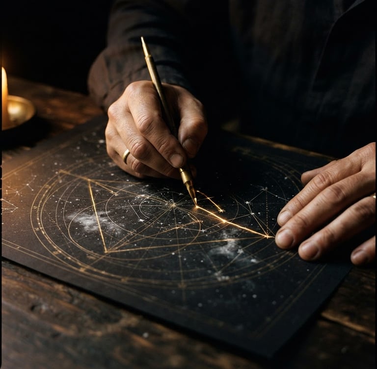 A close-up of hands drawing precise geometric lines on dark astronomical charts, low-key single-source golden light, 35mm