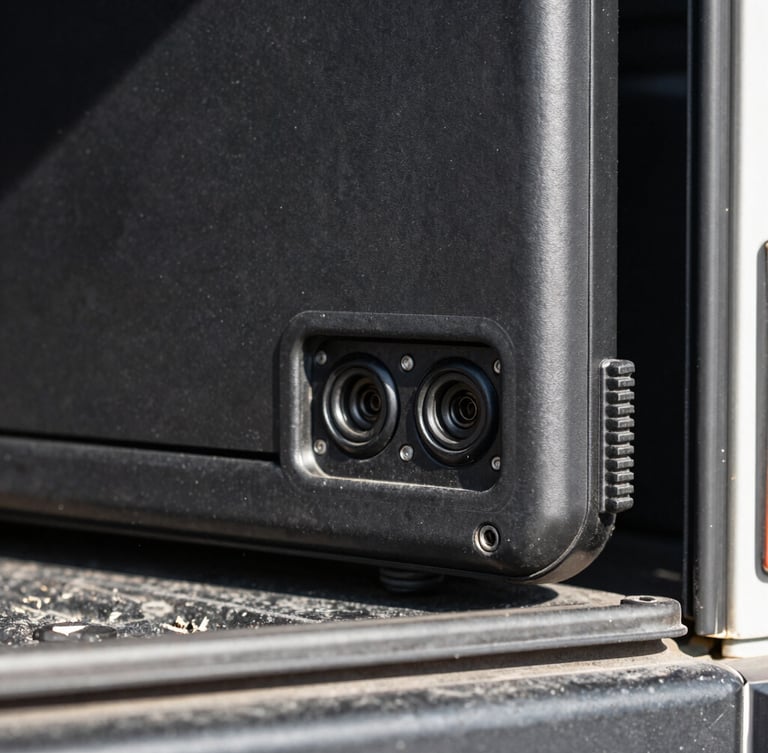 Close-up macro shot of a ruggedized matte-black laptop casing mounted inside a utility truck, harsh direct sunlight highlighting heavy-duty ports and sealed rubber gaskets, 35mm gritty industrial photography