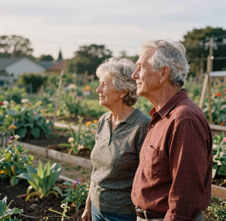 An environmental portrait of an elderly couple looking out over a community garden, warm late afternoon sun, rich muted tones, authentic human connection.