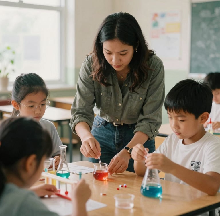 A warm environmental portrait of an educator guiding young students through a hands-on science experiment in a bright classroom, soft natural daylight, rich muted tones, authentic interaction.