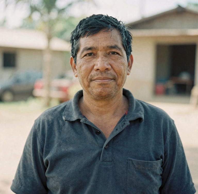 A medium-wide environmental portrait of a local community leader in warm natural daylight, rich muted tones, medium format film style, showing authentic human connection and quiet dignity.