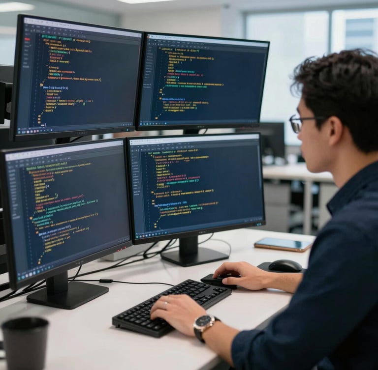 A software developer in a clean, modern Singapore office analyzing complex logistics code on multiple vertical monitors, cool low-temperature lighting, sharp focus on the screens.