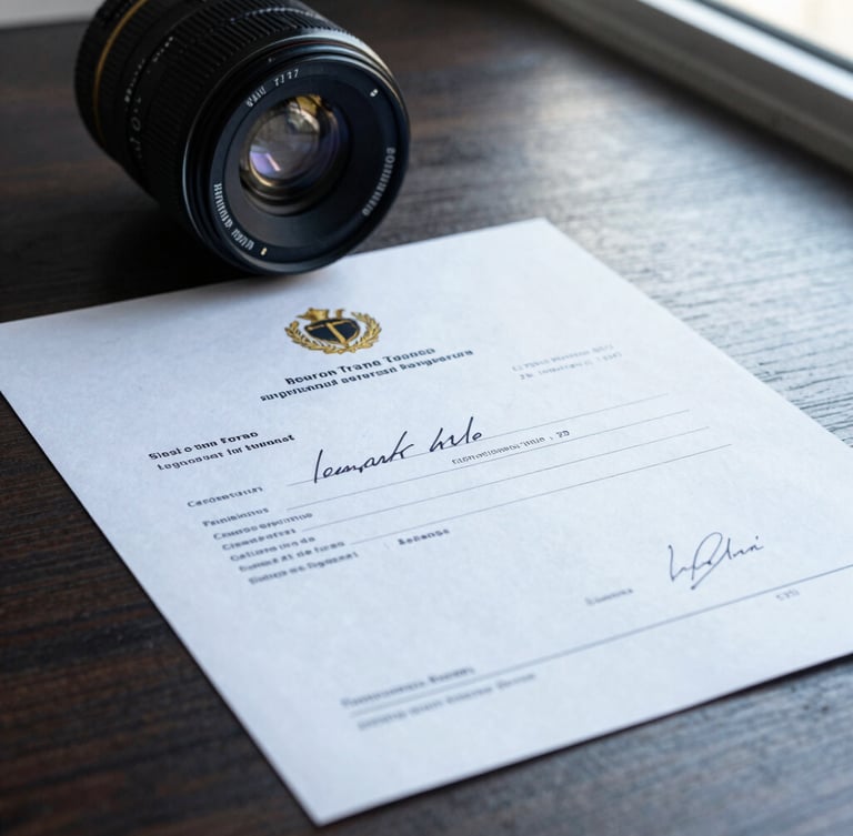 Macro photograph of signed international trade certificates and customs documents on a dark wooden desk, cool daylight from a window, high contrast, 35mm lens