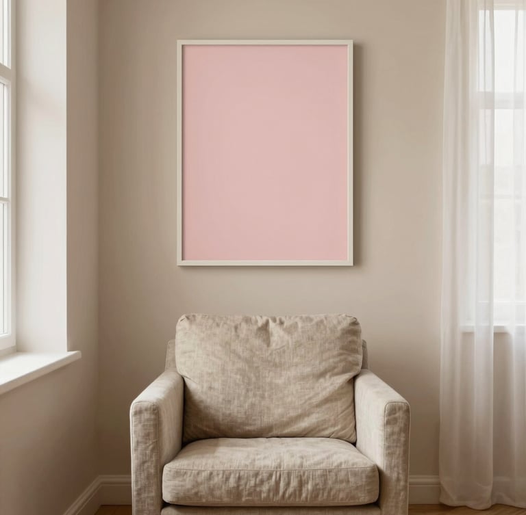 Straight-on architectural photo of a cozy Scandinavian living room corner, a soft linen armchair in oatmeal, a blank canvas framed on a warm beige wall, diffused natural daylight, 35mm