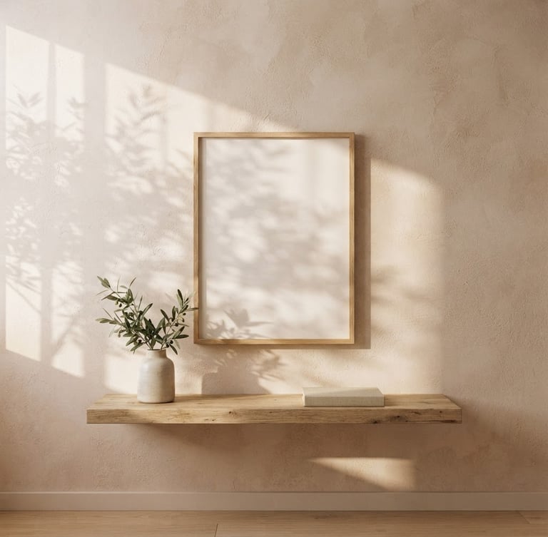 Straight-on architectural shot of a sunlit minimalist room, empty wooden frame resting on a textured plaster wall, soft morning shadows cast by olive leaves, beige and powder pink tones, 35mm