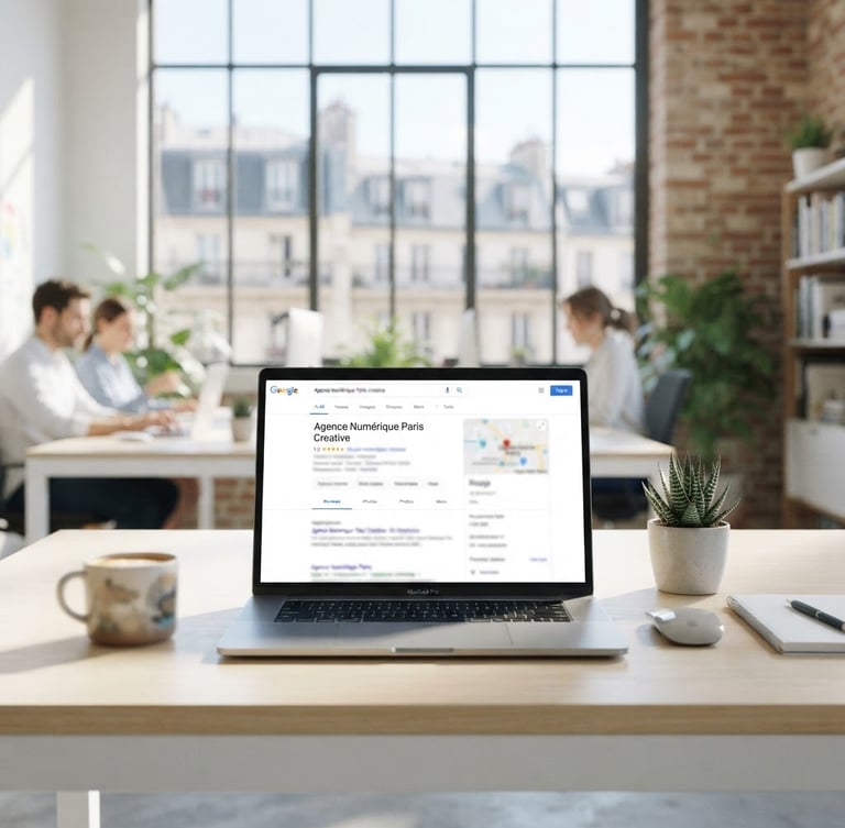 Sleek modern digital agency workspace in Paris, bright natural daylight, a clean white desk with a laptop displaying a positive Google business profile, soft shadows, professional 35mm.