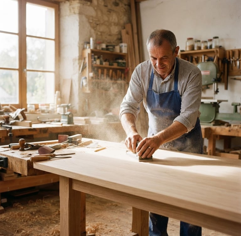 A French carpenter in his sunny workshop, focused on sanding a light oak table, sawdust in the air, warm side lighting, professional 35mm photo