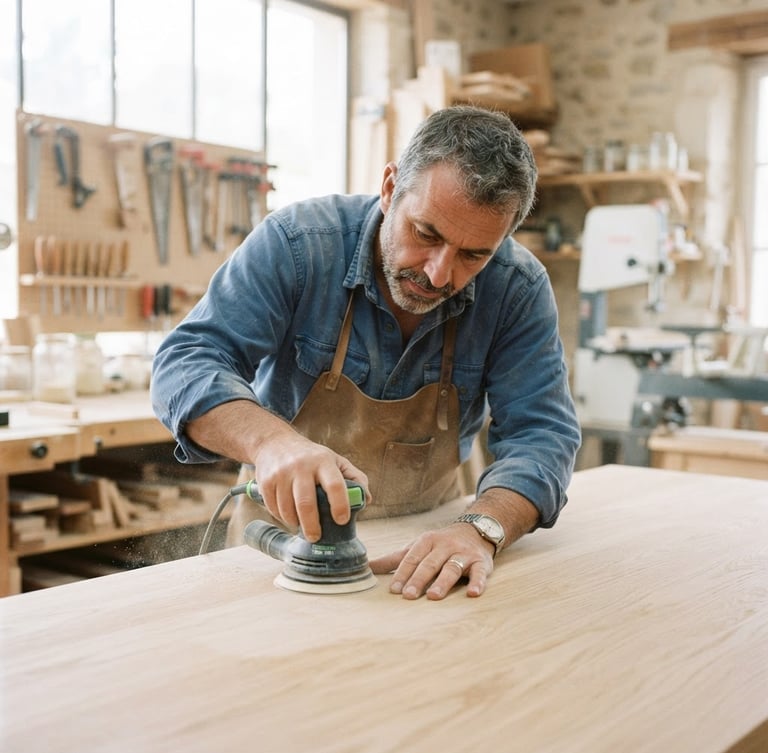 Close-up of a French carpenter in a bright workshop, focused on sanding a light oak table, soft natural daylight, professional 35mm photography