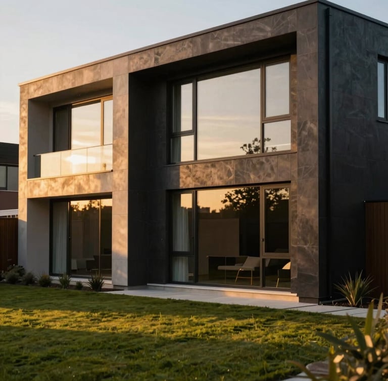 Premium editorial photograph of a luxury modern home in Birmingham, warm golden-hour sunlight reflecting off large glass windows, manicured lawn, shallow depth of field, 35mm