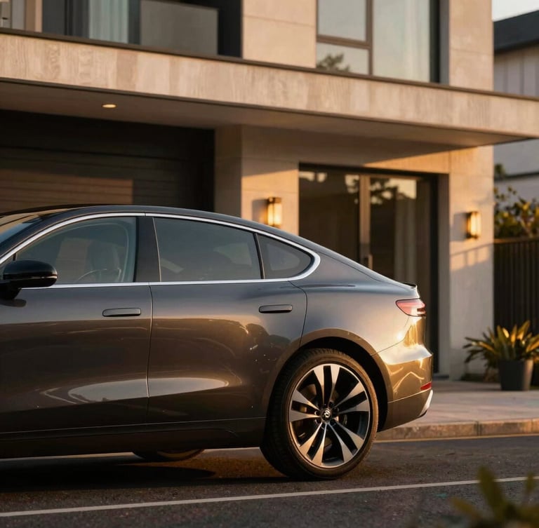 A modern luxury vehicle parked in front of an elegant contemporary Birmingham estate, soft golden hour side-lighting