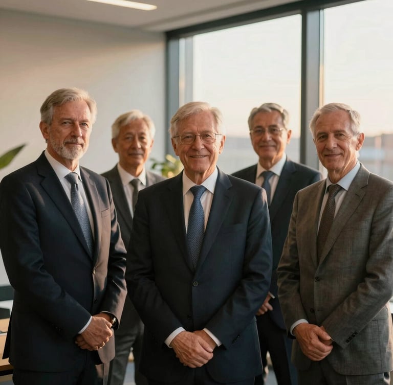 A professional portrait of senior insurance advisors in a modern Birmingham office, warm golden-hour light filtering through large windows, shallow depth of field, 35mm