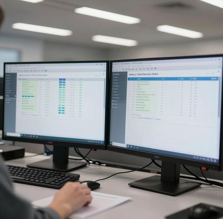 Close-up of dual-monitor setup in a corporate security operations center, displaying complex Oracle Cloud Security Console dashboards with clean data nodes, bright fluorescent lighting, sharp straight-on angle.