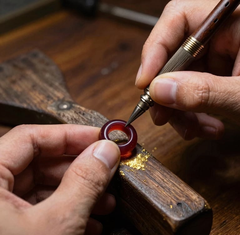 A dramatic close-up of a bench-jeweler's hands carving a wax ring mold under warm side-lighting, gold dust on the dark wooden workbench, macro lens, shallow depth of field.