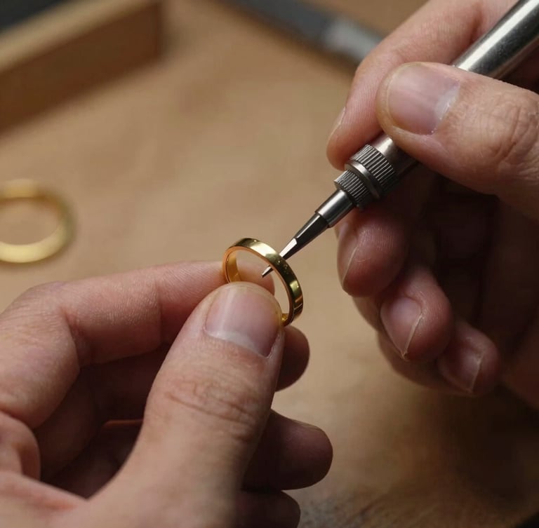 Macro close-up of a jeweler's hands using a traditional engraving tool on a solid gold ring, warm side-lighting, soft shadows, workshop background.