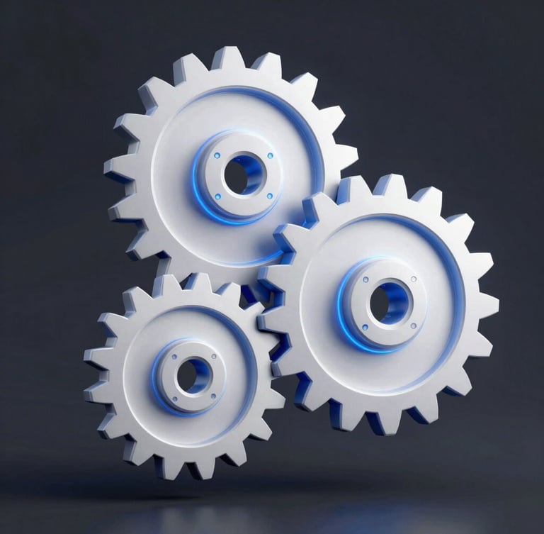 3d render of a complex mechanical gear assembly with glowing electric blue highlights, crisp studio lighting, high-tech engineering aesthetic, octane render, 8k