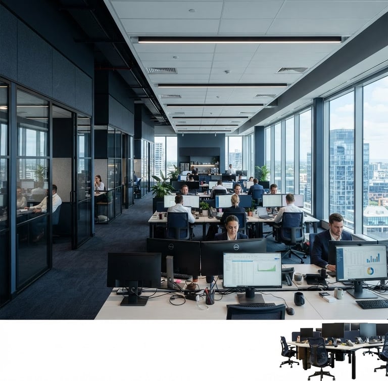 Modern office interior at CMJ Business, glass walls, clean desks with dual monitors, professional setting, cool natural light, architectural lines, deep navy and slate tones, wide panoramic.