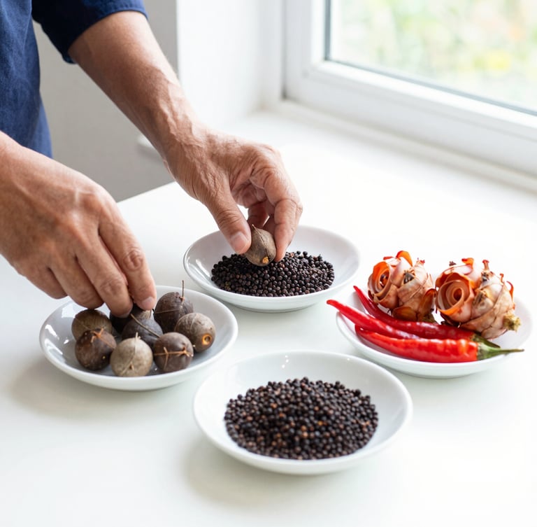 Portrait shot of hands preparing fresh Batak spices, including whole andaliman berries, torch ginger, and chili, on a clean white surface under bright natural window light, focus on the ingredients.